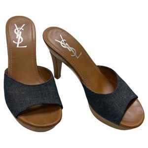 YSL blue denim leather wood sandals size 36